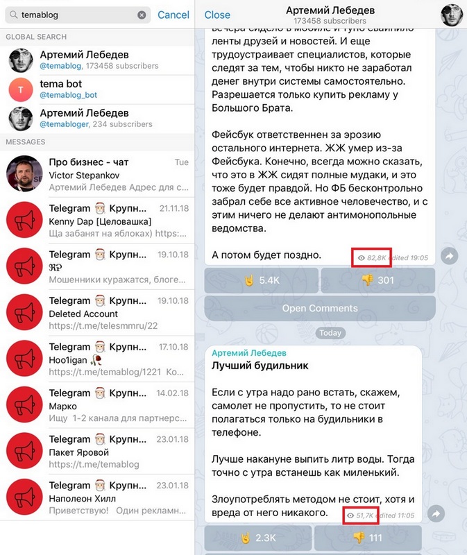 Телеграм. Пример просмотров канала
